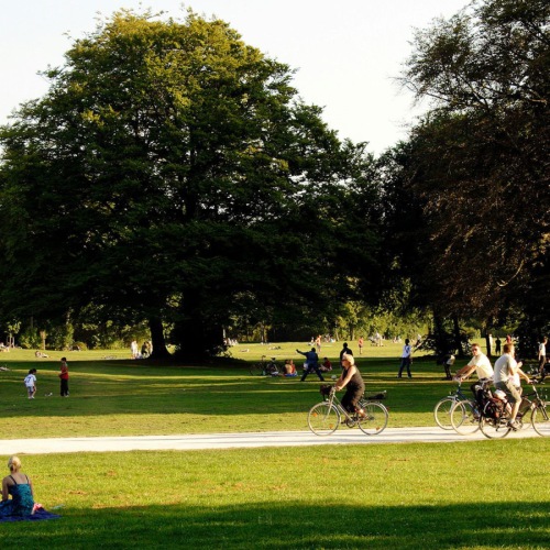A park with many people riding bikes, having a picnic, and walking.