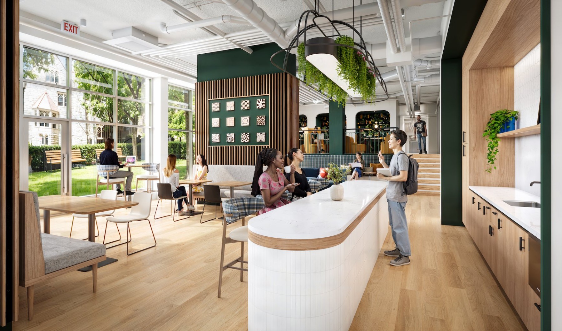 people in a clubroom with tables and chairs