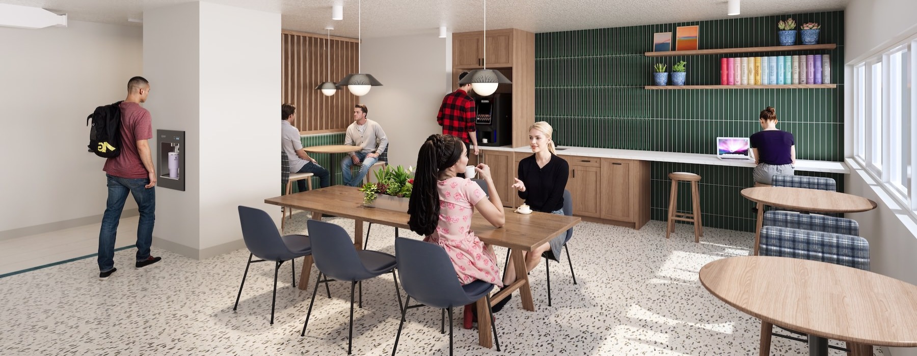 people sitting at a table in a community kitchen